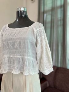 White Smocked Square Neck Top