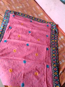 Pink pure cotton hand work saree with blue border