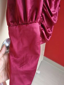 Maroon Satin Twist Front Cutout Dress