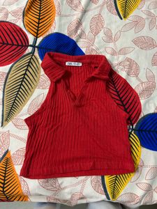 Zara Red Ribbed Collared Sleeveless Top