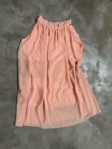 Elegant Peach Sheer Overlay High-Neck Flowy Dress