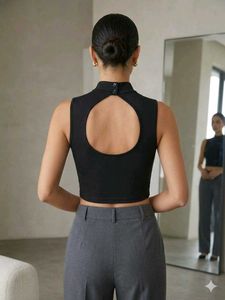 Sleek Black Cut-Out Mock Neck Crop Top