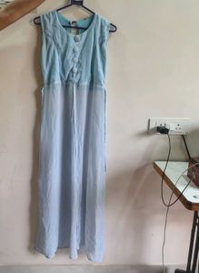 Light Blue Sleeveless long middle cut kurti