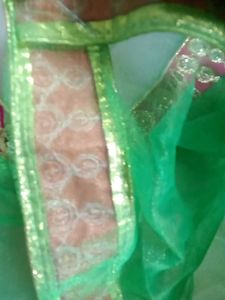 Vibrant Green Dupatta with Pink &amp; Gold Border