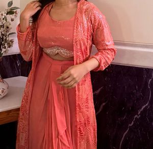 Coral Sequined blouse lehnga Set with Jacket