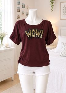 Burgundy "Wow!" Sequin T-Shirt