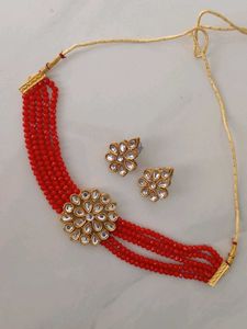 Red Beaded Necklace & Earrings Set