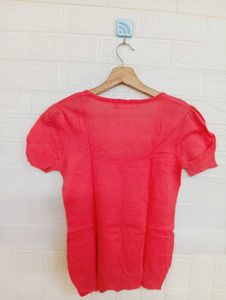 Coral T-Shirt with Puff Sleeves