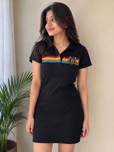 Stylish Black Polo Neck Dress with Rainbow Stripe