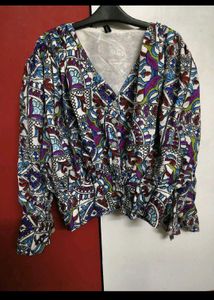 Boho Print V-Neck Smocked Waist Top