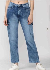 Washed Blue Cargo High Waist Jeans
