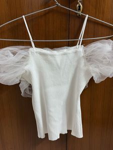 White Sheer Tulle Puff Sleeve Top