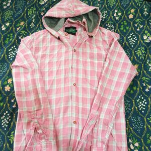 Pink Plaid Button-Up Hoodie Shirt