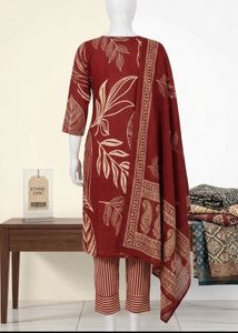 Brown Floral Print Kurta Set with Dupatta