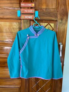 Turquoise Tibetan Chinese Blouse with Purple Trim