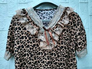 New with tag Korean Leopard Print Ruffle Trim Top