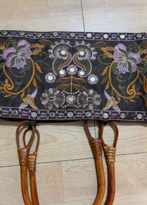 Embroidered Shoulder Bag with Bamboo Handles