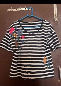 Striped T-shirt with Floral Embroidery