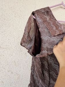 Sheer Brown Patterned V-Neck Top