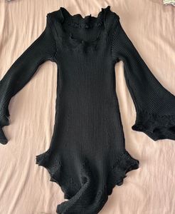 Black Ribbed offshoulder Flare Sleeve Top