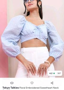 Blue Floral Puff Sleeve Crop Top