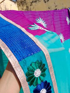 Elegant Teal Embroidered Saree &amp; Blouse
