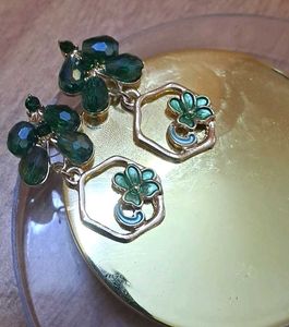 korean Green stone & Floral Earrings
