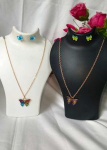 Butterfly Metal Combo Blue Multi Necklace & Earrin