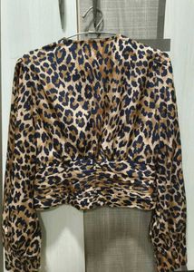Leopard Print V-Neck Ruched Crop Top