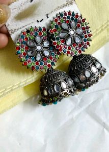 Oxidized Jhumka Earrings with Mirror &amp; Beads