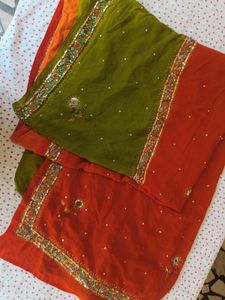 Elegant Red &amp; Green Embellished Saree