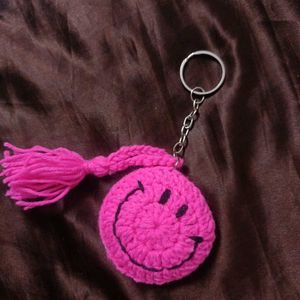 Cute Pink Smiley Crochet Keychain with Tassel
