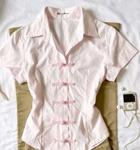 y2k chinese Pink Short Sleeve Button Top