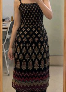 Elegant Black Tribal Print Spaghetti Strap Kurti