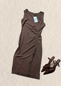 Bodycon Ruched Midi Dress (Brown)