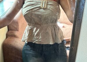 Beige Strapless Peplum Top with Buckle Detail - Li