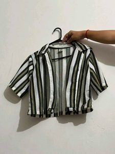 Striped Open Front Cropped Shirt