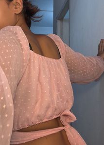 Cute Pink Dotted Long Sleeve Crop Top