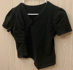 Black V-Neck Ruched Blouse