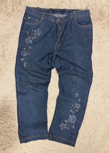 Embroidered Blue Denim Capris