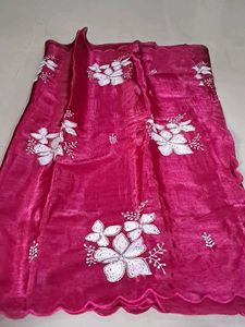 Stunning Pink Saree with White Floral Embroidery