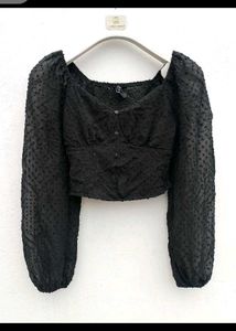 Chic Black Textured Puff Sleeve Top