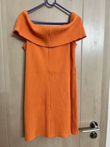 Orange Off-Shoulder Ribbed Mini Dress