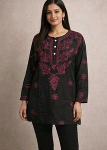 Black Chikankari Short Kurti with Pink Embroidery
