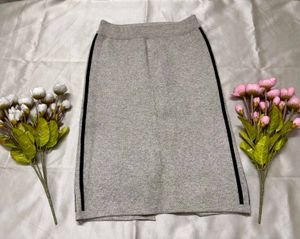 Tan Ribbed Knit Midi Skirt