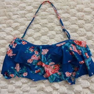 Blue Floral Ruffle Bikini Top