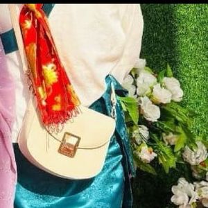 Cream Crossbody Bag with Red Scarf