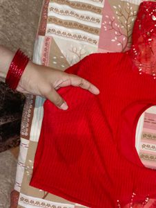 New Vibrant Red Saree with Gold Border