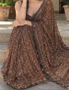 Brown Floral Print Saree
