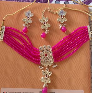 Elegant Pink Beaded Choker Necklace Set